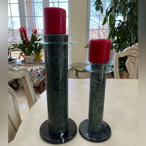 Green Marble and Lucite Candlesticks